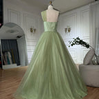 Vestido de noche largo árabe elegante de un solo hombro, corte en A, apliques, color verde salvia, ideal para ocasiones formales (LA72783) 