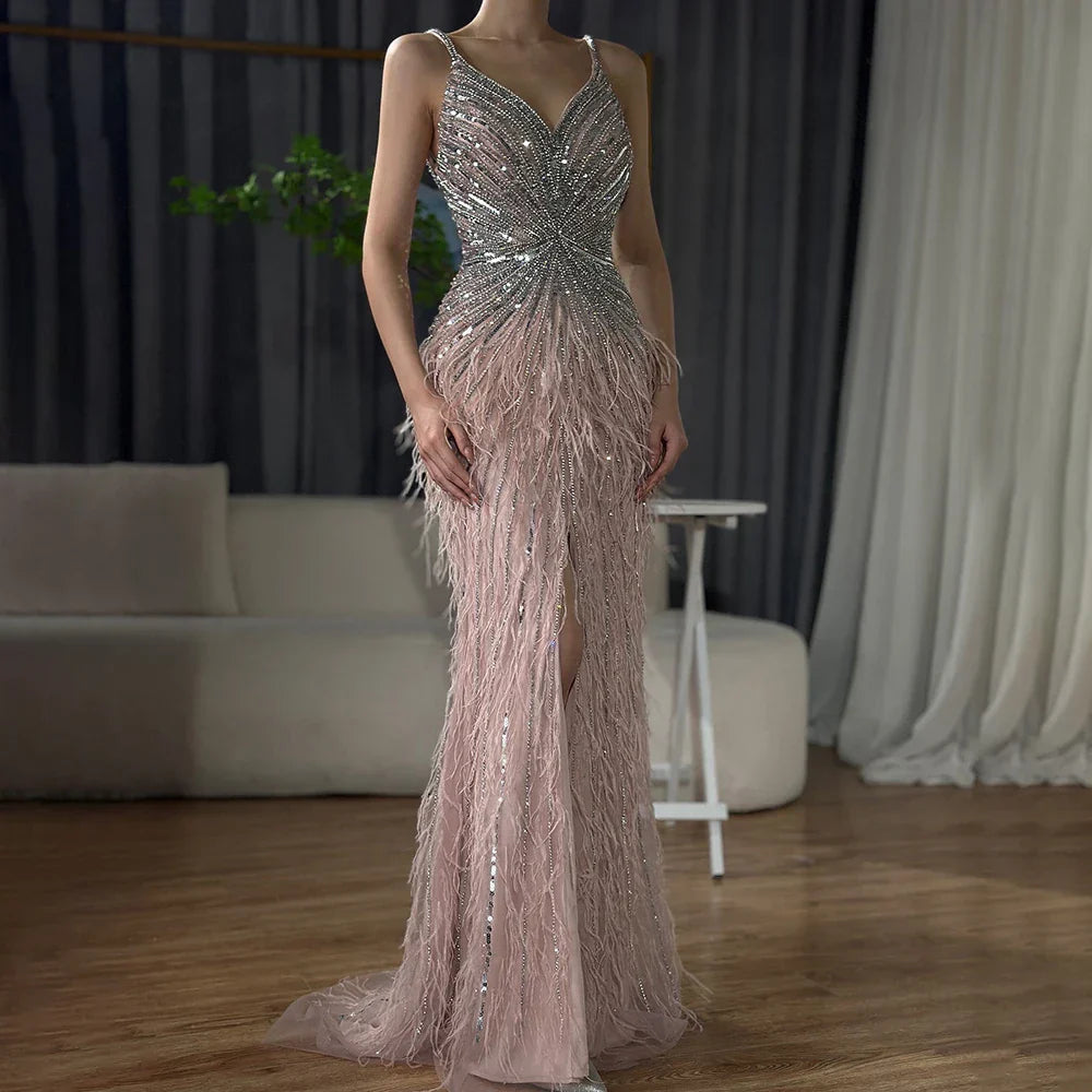 Arabic Black Spaghetti Strap Split Feathers Beaded Mermaid Evening Dresses Gownsfor Women Wedding Party 2025 LA70623