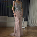 Arabic Black Spaghetti Strap Split Feathers Beaded Mermaid Evening Dresses Gownsfor Women Wedding Party 2025 LA70623