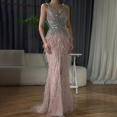 Arabic Black Spaghetti Strap Split Feathers Beaded Mermaid Evening Dresses Gownsfor Women Wedding Party 2025 LA70623