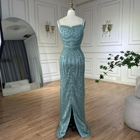 Robe de soirée sirène bleu arabe à bretelles spaghetti, luxueuse robe de soirée saoudienne perlée pour une occasion formelle, LA72725 