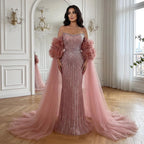 Luxury Pink Beaded Mermaid  Arabic Evening Dress with Cape LA73019