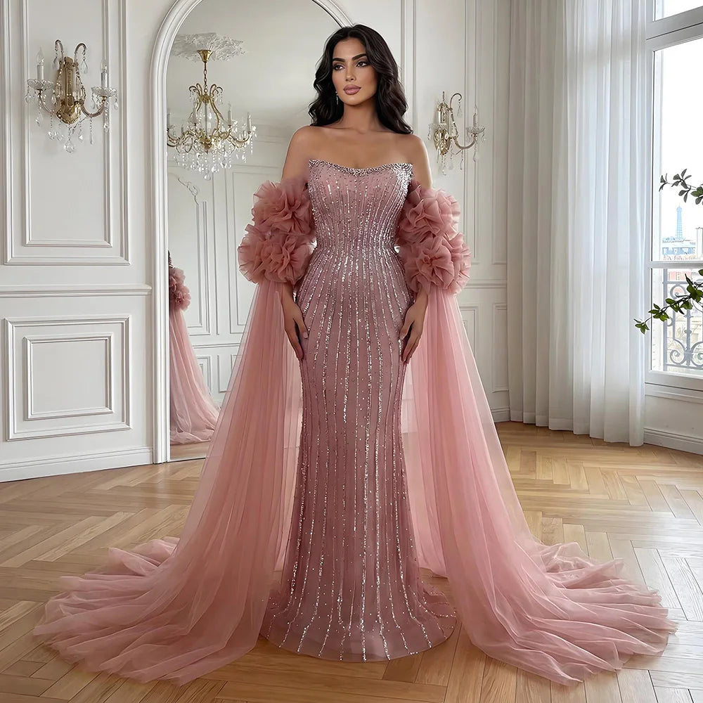 Luxury Pink Beaded Mermaid  Arabic Evening Dress with Cape LA73019