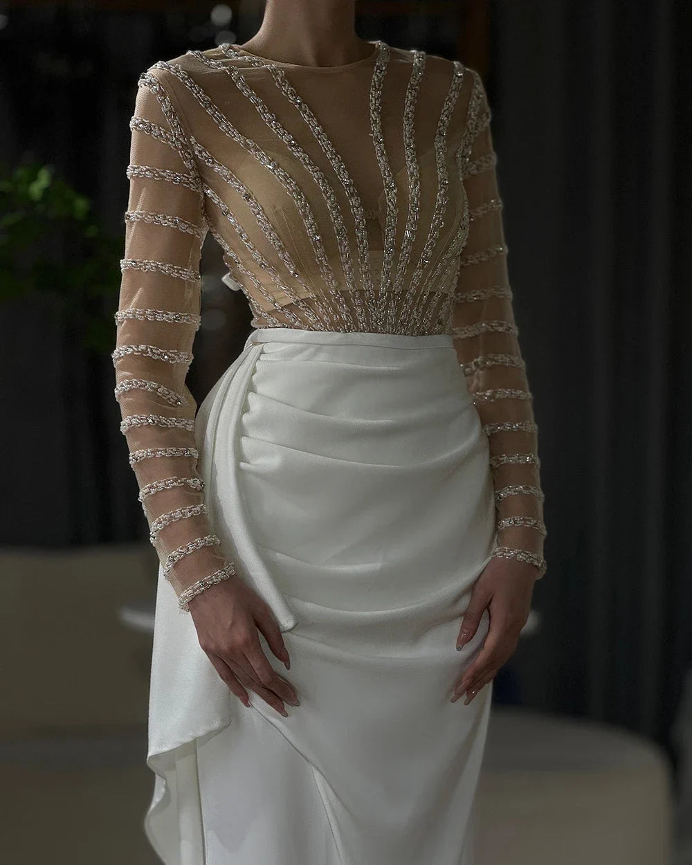 White Long Sleeves Mermaid Split Evening Dresses Design 2025 Beaded Luxury Elegant For Women Party LA71531