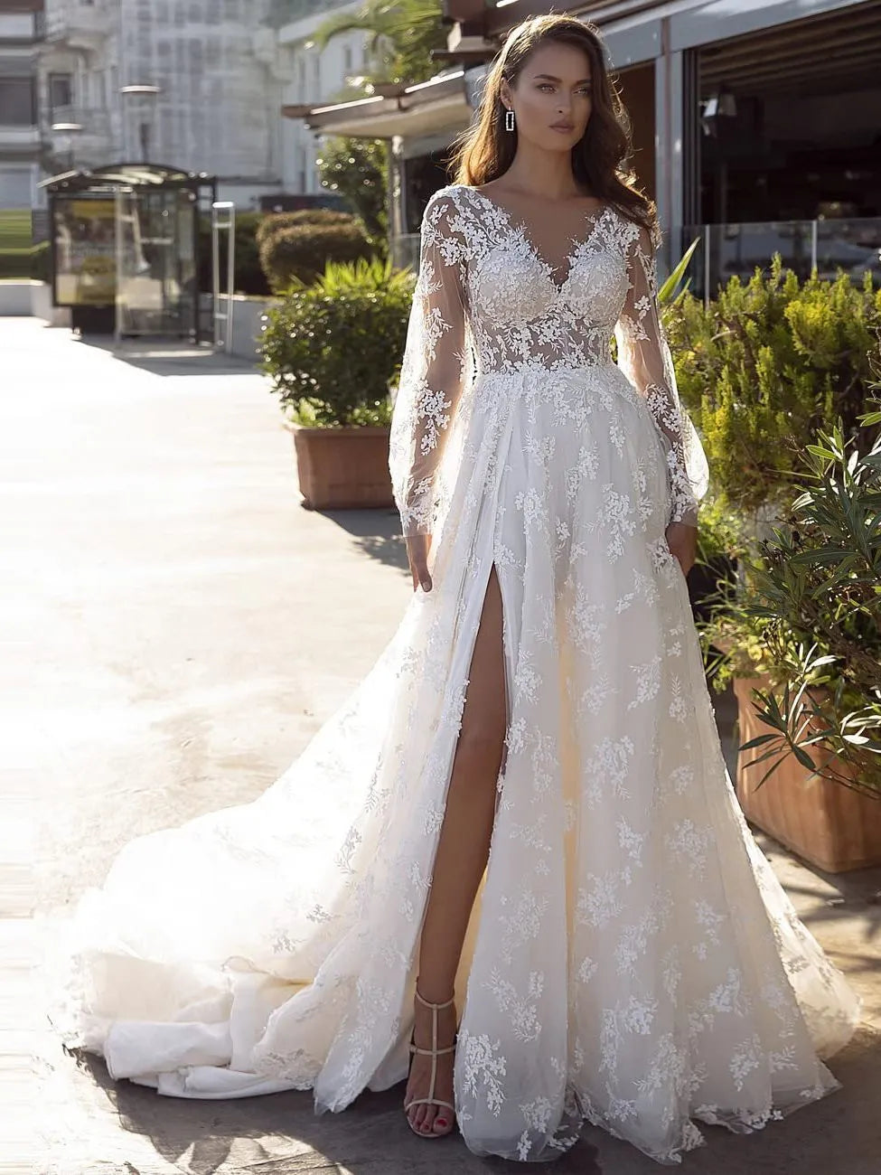 Nuevos Vestidos De Novia De manga larga, Vestido De Novia con apliques, cuello en V, Espalda descubierta, Vestidos De Novia De encaje, Vestido De novia