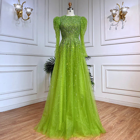 Robe de soirée élégante verte style sirène ornée de perles et manches longues LA71762 