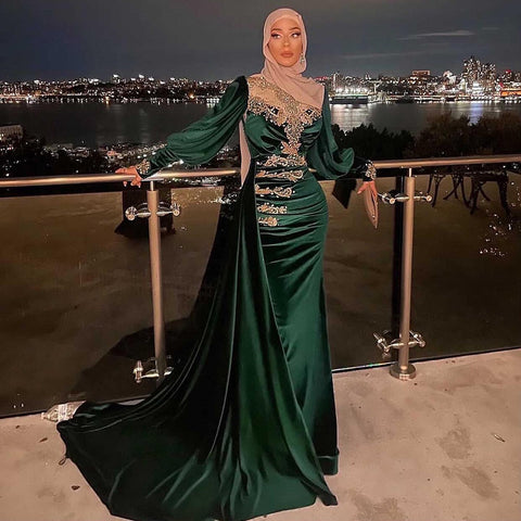 Muslim Satin Green Mermaid Evening Dresses Gowns 2025 Beaded Elegant Overskirt For Women Party LA71532