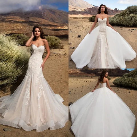 Vestidos De Novia De sirena con tren desmontable, Vestido De Novia con apliques, escote con forma De corazón, Vestidos De Novia De encaje