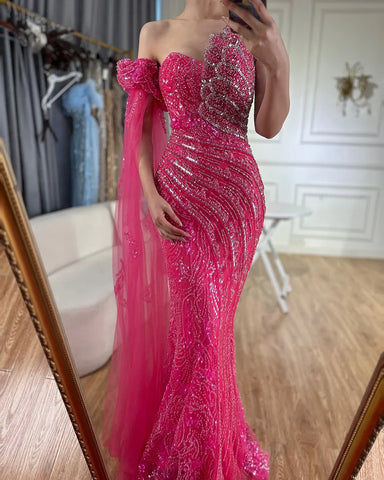 Green One Shoulder Beaded Mermaid Evening Dress with Side Cape Sleeves for Formal Occasion LA72600 2025