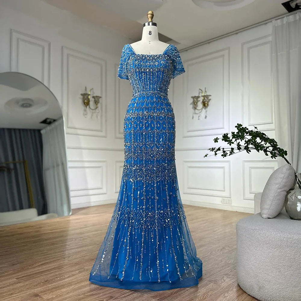 Vestido de noche de sirena de lujo blanco árabe de Dubái con mangas casquillo LA72714