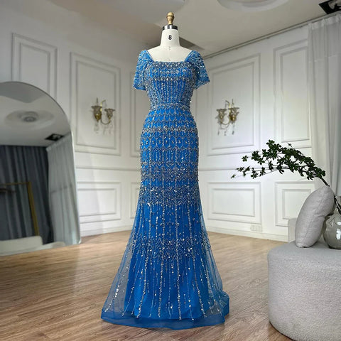 Vestido de noche de sirena de lujo blanco árabe de Dubái con mangas casquillo LA72714