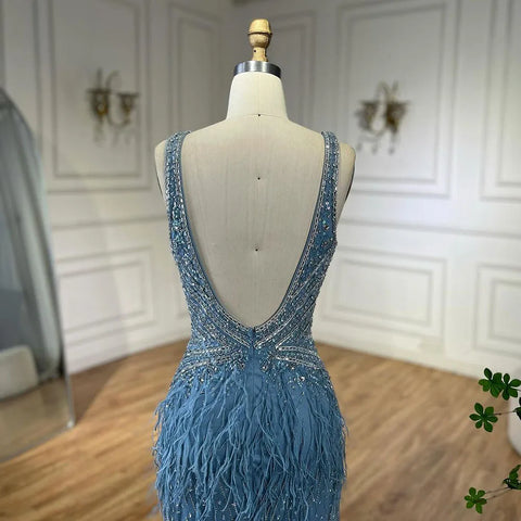 Gold Sexy High Split Mermaid Evening Dresses Gowns Backless Luxury Beaded Feather 2025 For Women Party LA71583