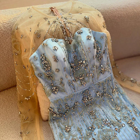 Vestidos de noche de lujo azules con cuentas, de manga larga y sobrefalda LA72757