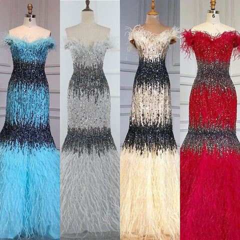 Dubai Pink Sexy Mermaid Evening Dresses Design Luxury Crystal Feathers Sleeveless Formal Gowns 2025 LA70242