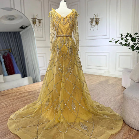 Muslim Gold Mermaid  With Overskirt Beaded Luxury Dubai Evening Dresses Gowns 2025 For Women Wedding Party LA72211