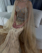 Vestido de noche color nude estilo sirena, con mangas de capa desmontables, estilo saudí, ideal para ocasiones formales (LA72716) 