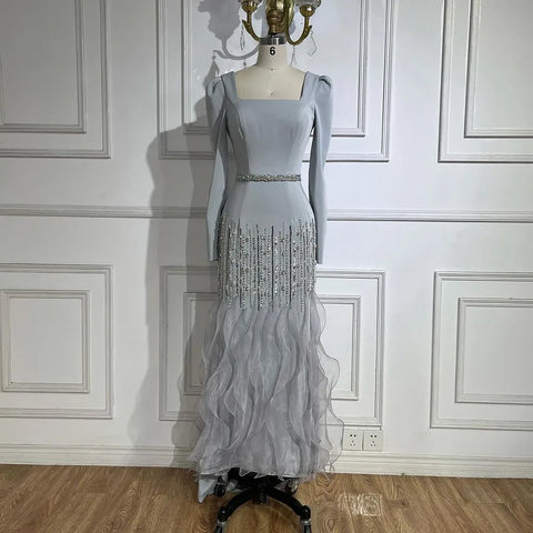 Robe de soirée élégante style sirène grise, longueur cheville, en satin perlé, luxueuse, pour femme, modèle 2025, LA72317 