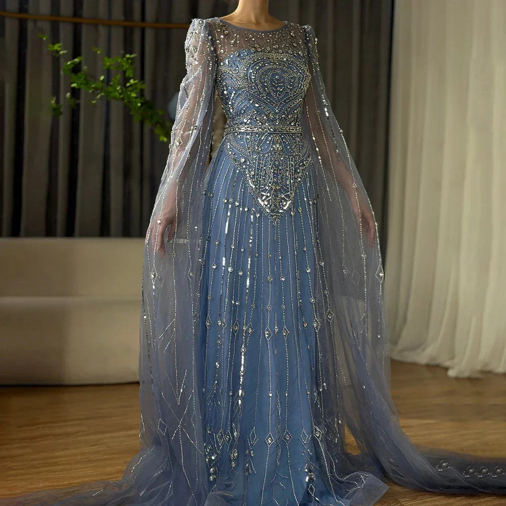 Vestido de noche árabe de lujo Alina con mangas capa azul Dubai 2025, con cuentas y piedras, para mujer, ideal para bodas y fiestas (LA72635) 