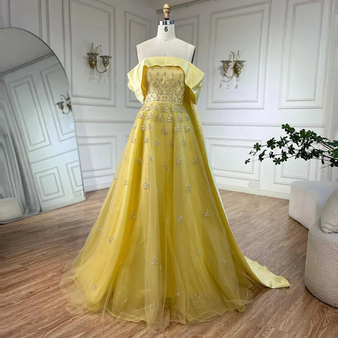Luxury Dubai Arabic Yellow Elegant Boat Neck Long Evening Dress Beaded Party Gown for Women's Wedding LA72531