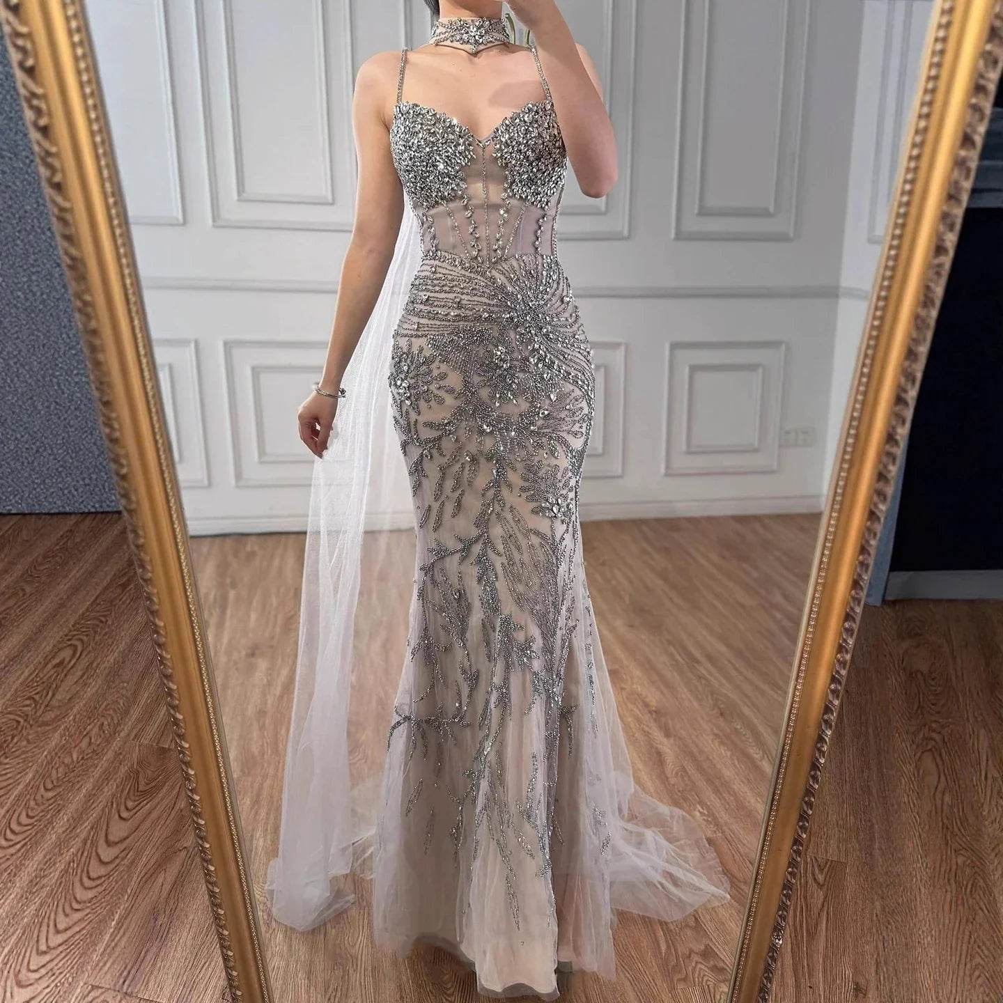 Luxury Evening Dress Grey Beaded With Cape LA73342
