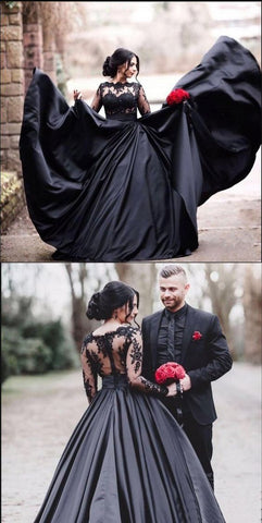 Black Long Sleeves Lace Elegant Modest Prom Dress A-Line Ball Gown Prom Dresses S6073