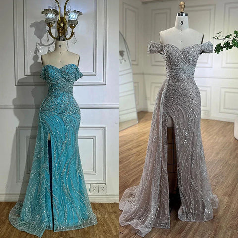 Vestido de noche de lujo con cuentas y corte sirena color plata nude LA72262