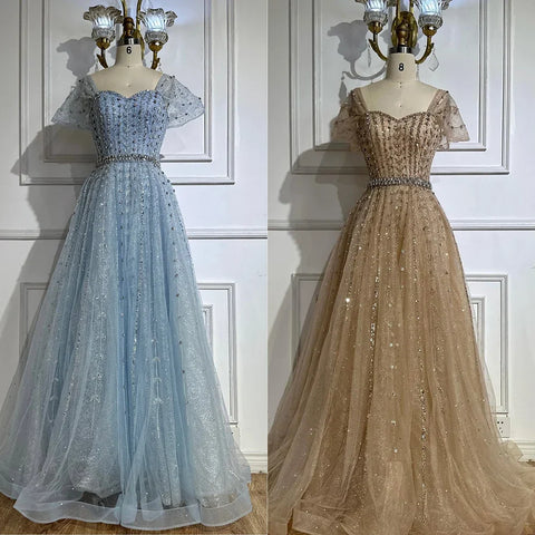 Blue A Line Beaded Backless Evening Dress Gown LA72834