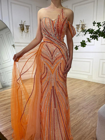 Robe de soirée de luxe bleu arabe à une épaule, style Dubaï, avec jupe latérale et perles, pour femme, LA72662, 2025 