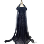 Luxury Arabic Pink Pearls Beaded Evening Dress With Cape LA72922