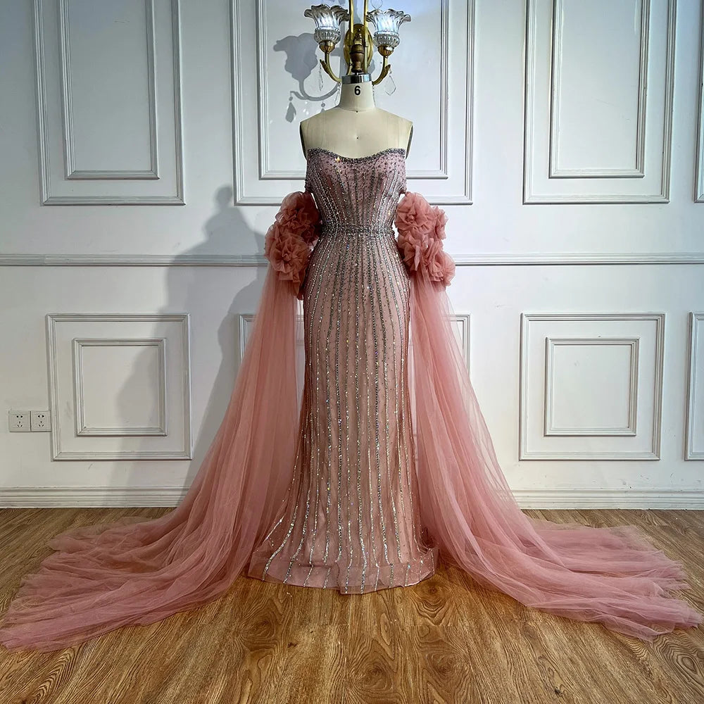 Luxury Pink Beaded Mermaid  Arabic Evening Dress with Cape LA73019