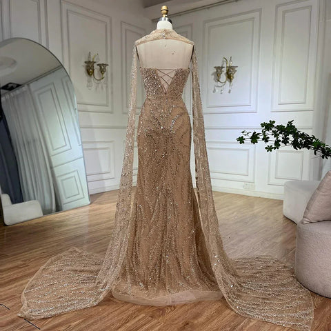Robe de soirée sirène nude avec manches cape amovibles et dos lacé pour une occasion formelle LA72824 