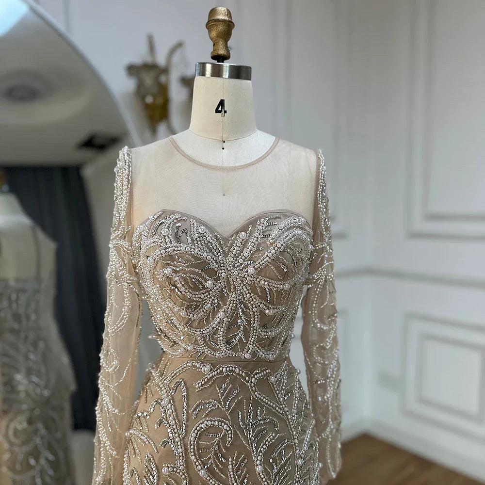 Vestido de noche árabe de lujo con perlas y cuentas, estilo sirena color nude, para ocasiones formales (LA72648) 