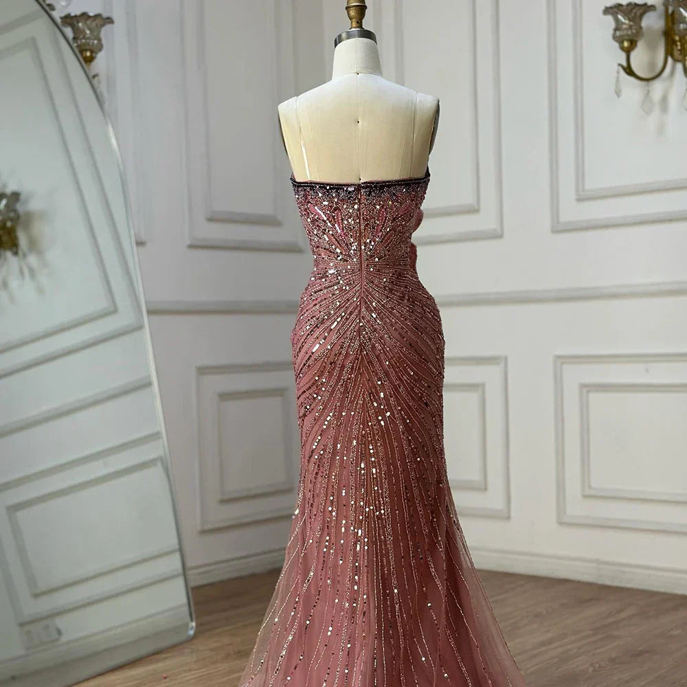 Vestido de noche de sirena rosa sin tirantes con abertura alta para ocasiones formales LA72480 (modelo saudí 2025) 