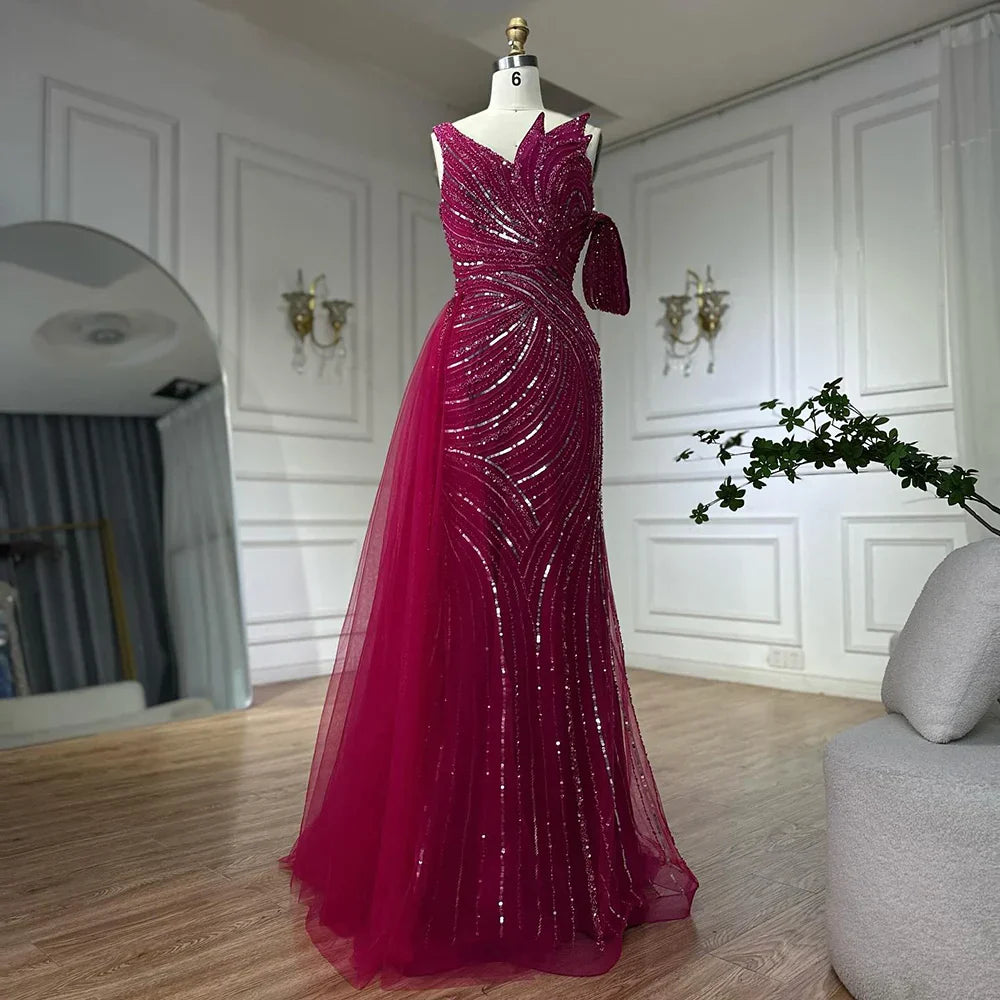Vestido de noche largo, elegante, de sirena, rosa árabe, con un solo hombro y cuentas, ideal para ocasiones formales (LA72662A) 