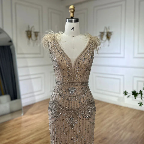 Robe de soirée longue style sirène, élégante et fendue, bleu arabe, avec perles et plumes, pour une occasion formelle, LA72742, 2025 