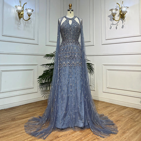 Luxury Dubai Mermaid Fuchsia Evening Dresses with Cape Sleeves LA71817