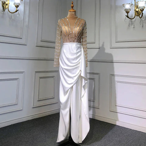 Vestido de noche blanco de manga larga con corte sirena y abertura, diseño 2025, con cuentas, de lujo, elegante para mujer, fiesta LA71531 