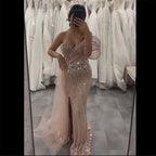 Pink Beaded One-Shoulder Mermaid Evening Gown with Slit and Tulle Detail for Formal Occasion LA72888 2025