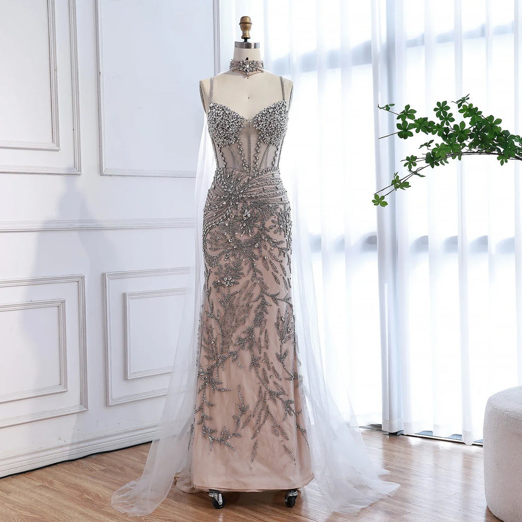 Luxury Evening Dress Grey Beaded With Cape LA73342