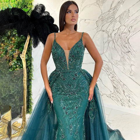 Green Detachable Skirt Sexy Spaghetti Straps Evening Dresses Gowns Mermaid Elegant Luxury Beaded 2025 Party LA71363