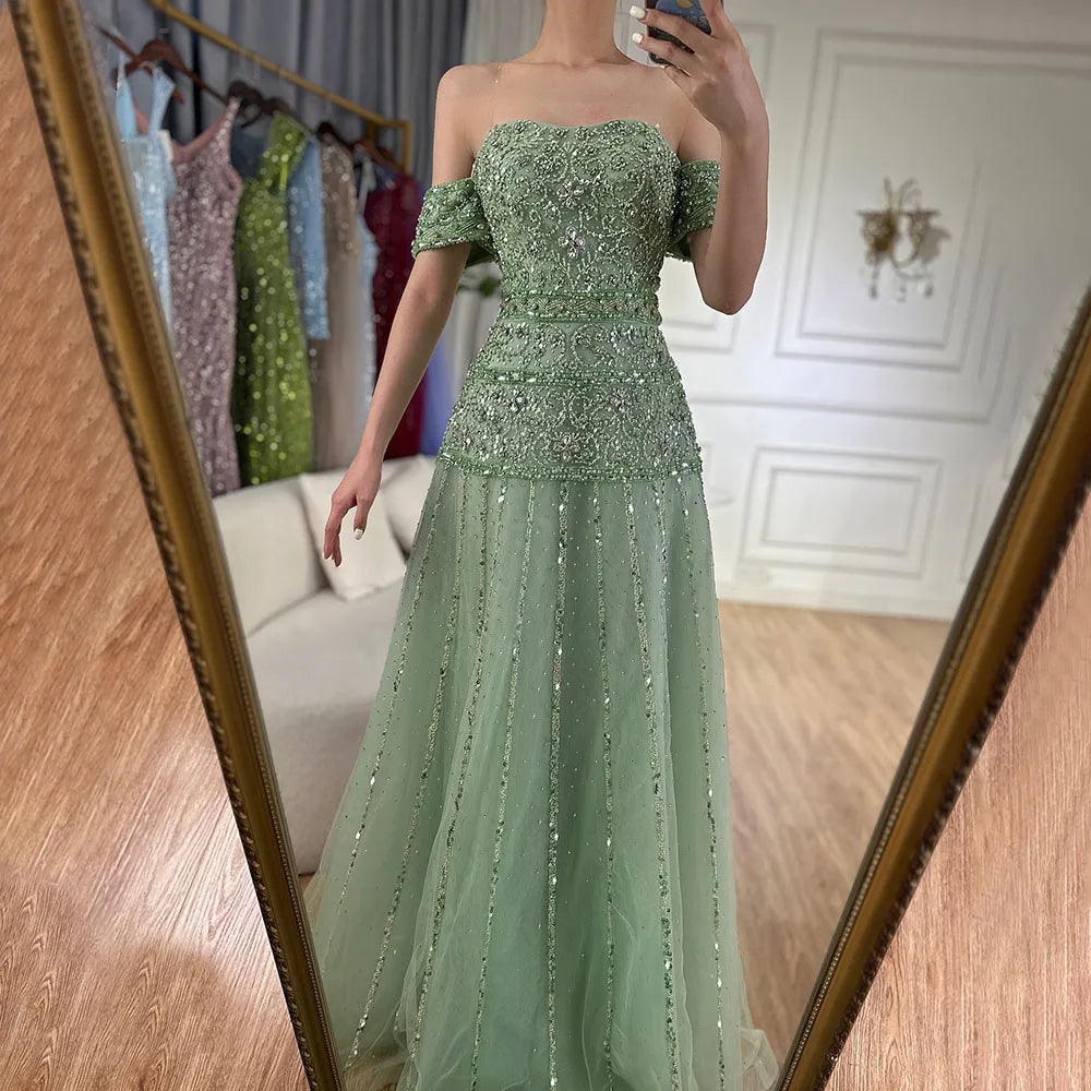 Vestido de noche de lujo color caramelo con hombros descubiertos, corte en A y cuentas, modelo LA72709, para ocasiones formales (2025) 