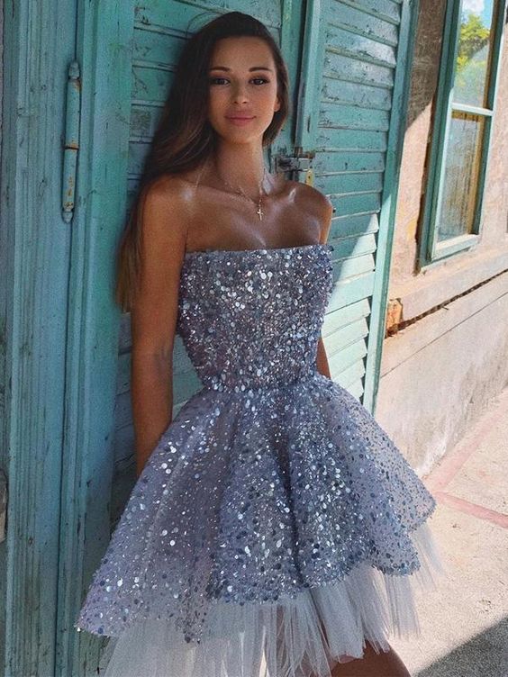 Vestido de fiesta de bienvenida de tul con lentejuelas brillantes, corte en A y espalda descubierta S6497