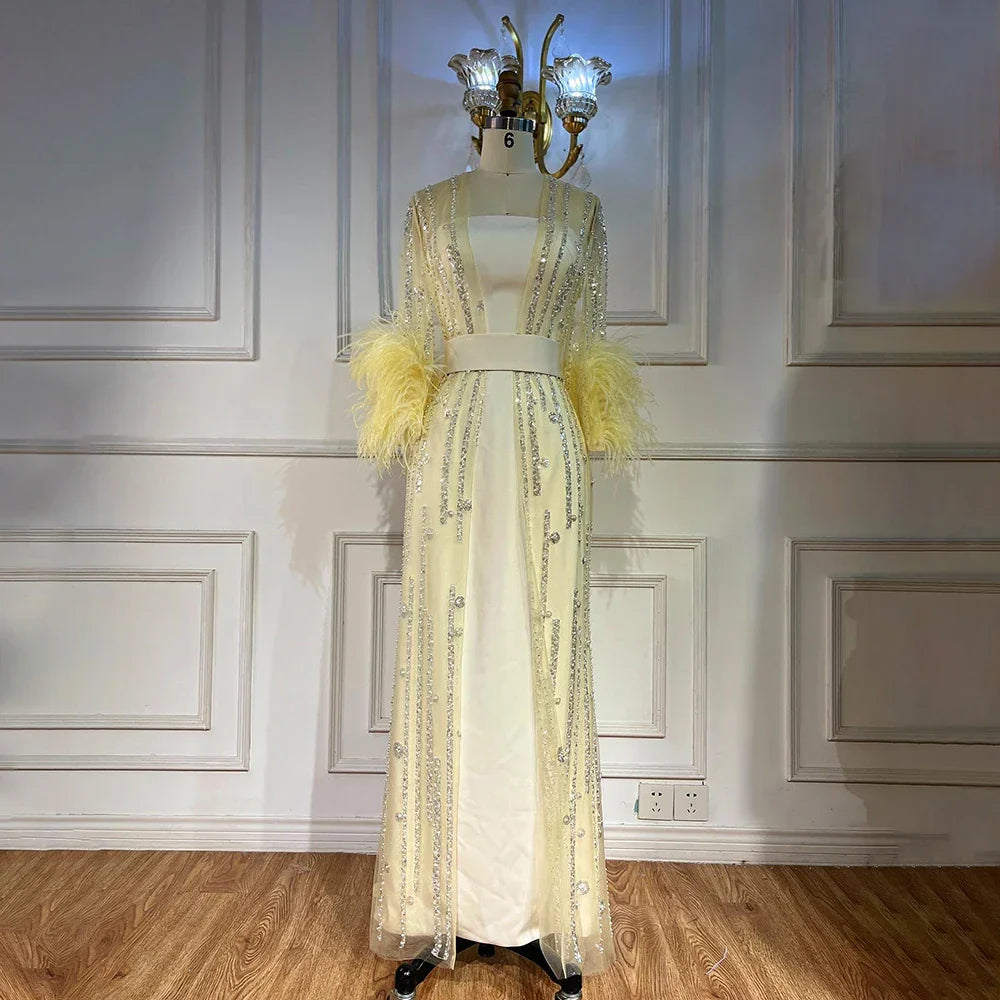 Beaded Feathers A Line Cream Caftan Marocain Femme  Evening Dresses  Arabic  With Jacket   Gown For Party LA71759