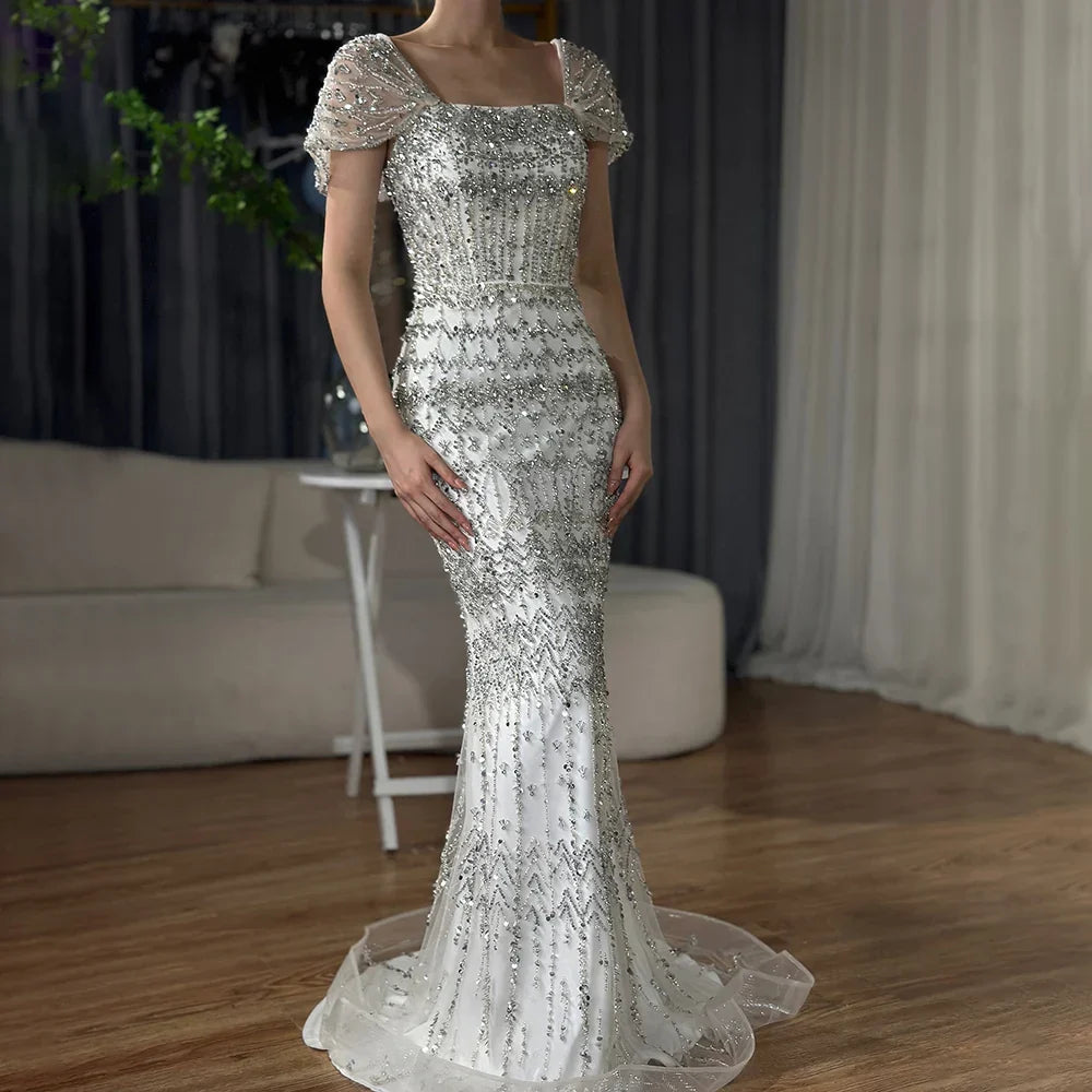 Vestido de noche de sirena de lujo blanco árabe de Dubái con mangas casquillo LA72714