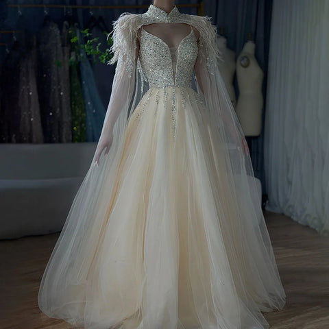 Arabic Beige A-Line Feathers Long Cape Luxury Beaded Saudi Evening Dresses Gowns for Formal Occasion 2025 LA72722