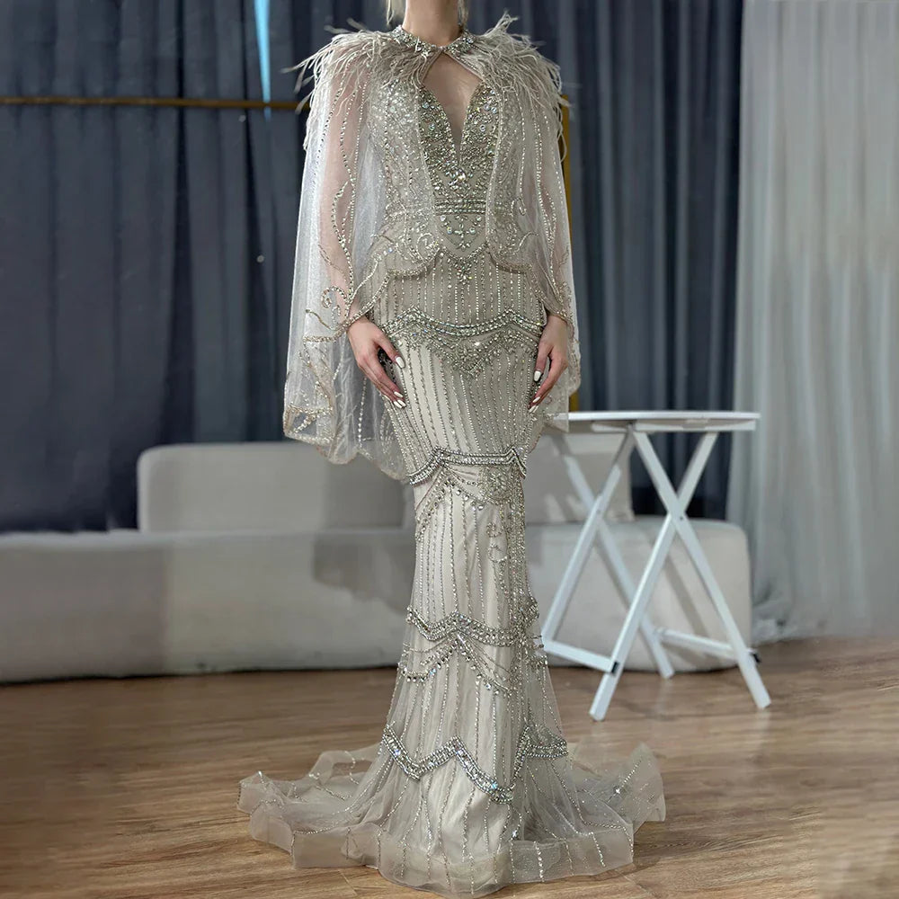 Nude Silver Mermaid V-Neck Sexy Evening Dresses 2025 Sleeveless Feathers Shawl Yarn Diamond Formal Dress LA70171B
