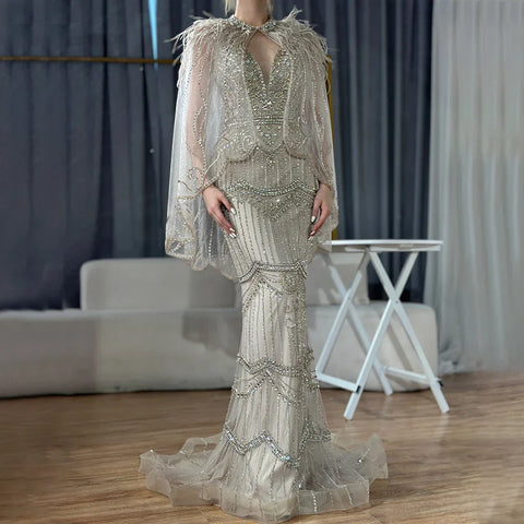 Robe de soirée sexy, couleur chair, argentée, sirène, col en V, sans manches, plumes, châle, fil, diamants, LA70171B 
