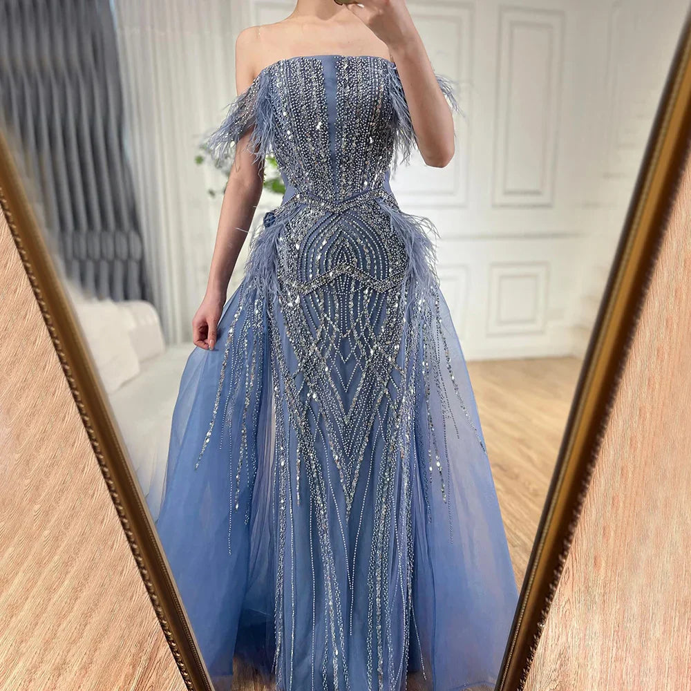 Vestido de noche azul sirena 2025, lujoso, con plumas y cuentas, estilo saudí, con sobrefalda para ocasiones formales LA72727 