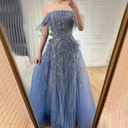 Vestido de noche azul sirena 2025, lujoso, con plumas y cuentas, estilo saudí, con sobrefalda para ocasiones formales LA72727 