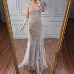 Luxury Lace Pearls Mermaid Evening Dress With Glove White Nude LA72345E